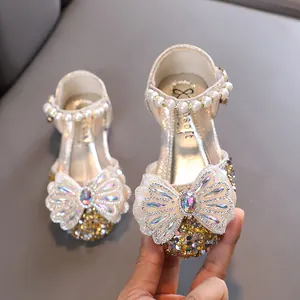 Sandales de princesse élégantes pour filles avec strass brillants et nœud papillon