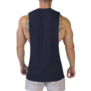 Back view of men's navy blue muscle tank top with wide shoulders and deep cut sides