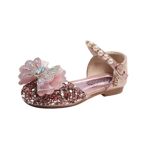 Élégantes chaussures de princesse roses pour filles avec papillon strass et perles
