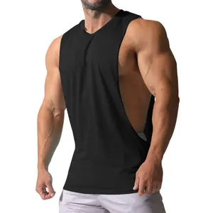 Close-up of black men's muscle tank top with wide shoulders and large side cut-outs