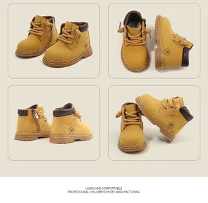 Detailed multi-angle views of yellow toddler Martin boots with classic British style