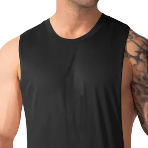 Close-up of men's black side split sleeveless gym tank top with wide shoulders