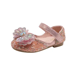 Zapatos de princesa rosa brillantes para niñas con lazo de strass para fiestas y bailes