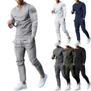 Men's two-piece casual tracksuit set with long sleeve shirt and pants in multiple colors