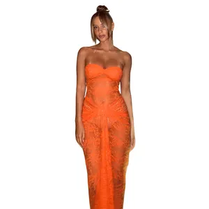 Elegant vibrant orange lace strapless see-through bodycon maxi dress for women