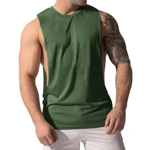 Detailed view of men's muscle tank top featuring wide armholes and breathable side slits
