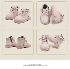 Multi-view detail of pink toddler Martin boots with cute side zipper and laces.