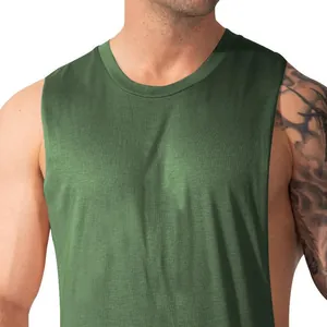 Close-up detail of a men's dark green wide-shoulder sleeveless muscle tank top.