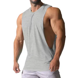 Grey loose fit men's workout tank top with deep-cut low armholes for gym and fitness training