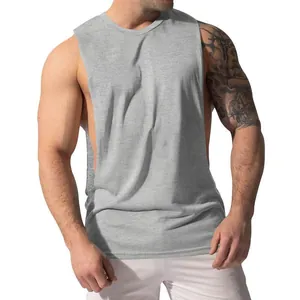 Detailed view of men's grey sleeveless tank top with a deep side-cut muscle design