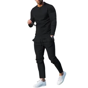 Men's two-piece black casual tracksuit set with long sleeve henley shirt and joggers