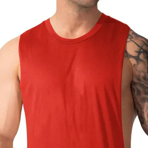 Close-up of red men's wide shoulder muscle tank top featuring a round neckline