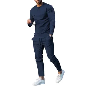 Casual navy blue men's two-piece set with long sleeve t-shirt and matching trousers