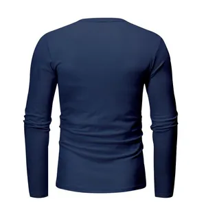 Back view of a slim fit men's navy blue long-sleeve T-shirt with a classic round neck