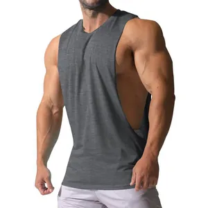 Deep side-cut men's sports tank top in charcoal gray worn by a muscular fitness model