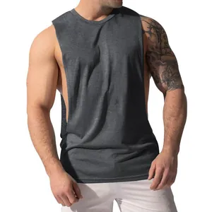 Men's muscular fit dark gray tank top with wide shoulders and deep side slits.