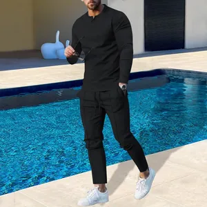 Men's casual long-sleeve tracksuit set shown in outdoor lifestyle poolside setting