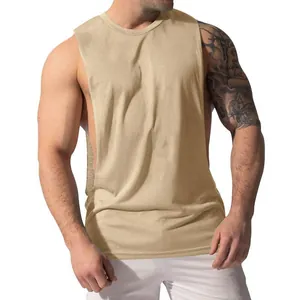Close-up detail of khaki men's muscle tank top with deep side open armholes for gym.