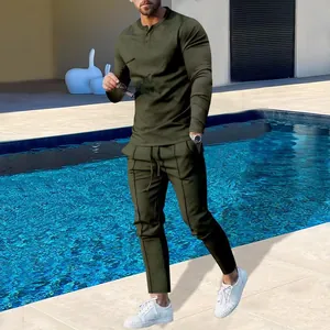 Men's olive green long-sleeve T-shirt and casual trousers two-piece set for autumn season