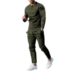 Men's casual 2-piece tracksuit in army green with long sleeve Henley shirt and matching pants.