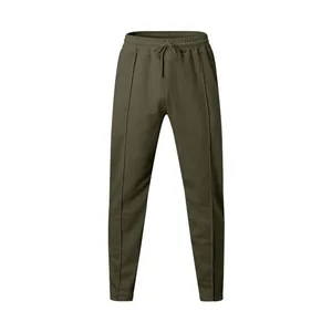 Front view of men's army green sports pants with drawstring waist and pleat detail