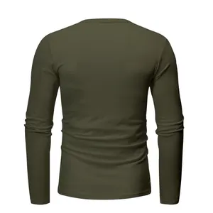 Detailed back view of men's slim fit olive green long-sleeve crew neck t-shirt