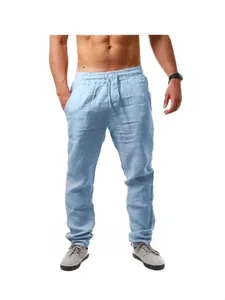 Men's light blue breathable linen casual trousers with elastic drawstring waist