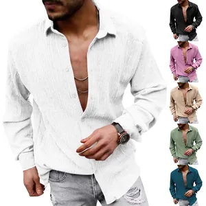 Detail view of men's casual long sleeve shirt in textured seersucker fabric with lapels.