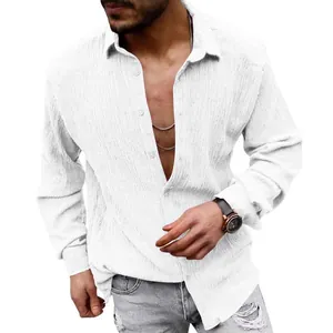 Men's casual white seersucker long sleeve shirt with lapel collar and relaxed fit