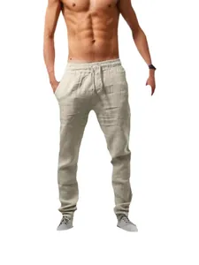 Breathable men's loose linen trousers with drawstring elastic waist in light beige