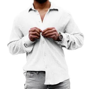 Men's casual white seersucker long sleeve shirt with loose fit and lapel collar