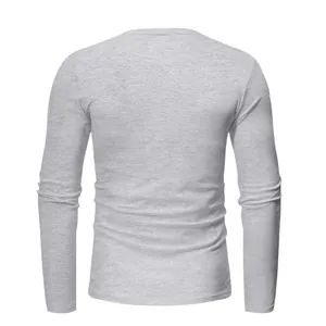 Detailed back view of a minimalist light gray long-sleeved crew neck T-shirt for men