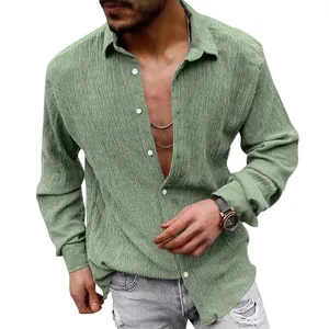 Sage green men's casual long sleeve shirt featuring breathable textured seersucker fabric.