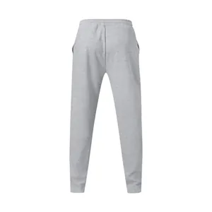 Back view of grey casual joggers with elastic waist and ribbed cuffs for men's sportswear.