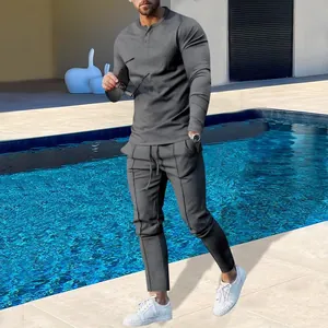 Men's grey casual sportswear set featuring long sleeve shirt and matching pants