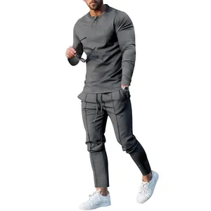 Men's 2-piece grey casual tracksuit with long sleeve henley shirt and drawstring pants