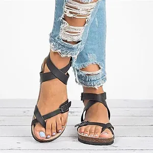 Sandalias de Estilo Romano para Mujer Anillo de Dedo Cuero Sintético Correas Cruzadas Zapatos Casuales de Verano con Hebilla