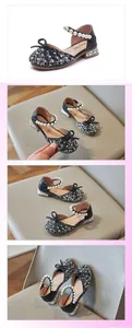 Multi-angle detail view of girls' black glitter princess shoes with pearls and bows.