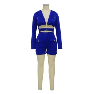 Sexy royal blue deep V-neck cut-out long sleeve two-piece set with cargo pockets