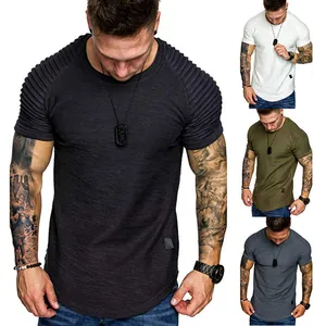 Slim fit men's T-shirt with textured pleated raglan sleeves and curved hem design