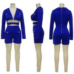 Front, side, and back views of sexy royal blue long-sleeve jumpsuit with pockets