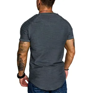 Back view of men's slim fit dark grey t-shirt with pleated raglan sleeve details