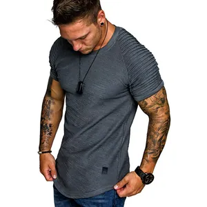 Men's slim fit dark grey T-shirt with unique pleated raglan sleeves detail