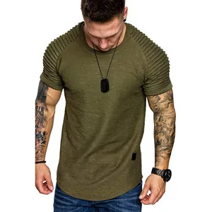 Detail view of men's slim fit t-shirt with unique pleated raglan sleeves