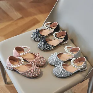 Elegant girls princess sandals with sparkling rhinestones and bowknot in three colors