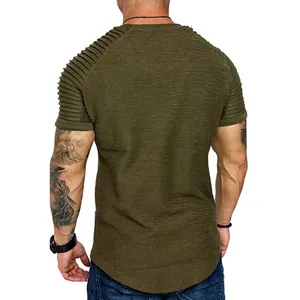 Back view of men's olive green slim fit T-shirt with pleated raglan sleeve detail