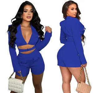 Front and back view of a sexy royal blue deep V-neck crop blazer and shorts set
