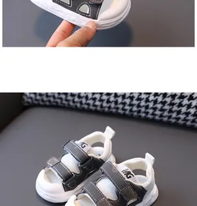 Detail view of toddler closed-toe sandals with non-slip soft soles and velcro straps.