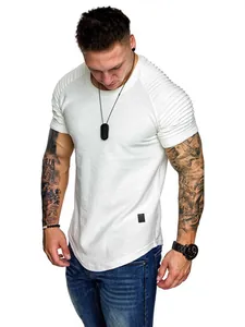 Men's white slim fit pleated short sleeve T-shirt with textured raglan shoulder design