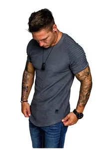 Men's stylish grey slim fit t-shirt featuring unique pleated raglan sleeves and a round neck
